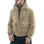 Herren Lammfell Bomberjacke mit großen Taschen und hohem Kragen R&B