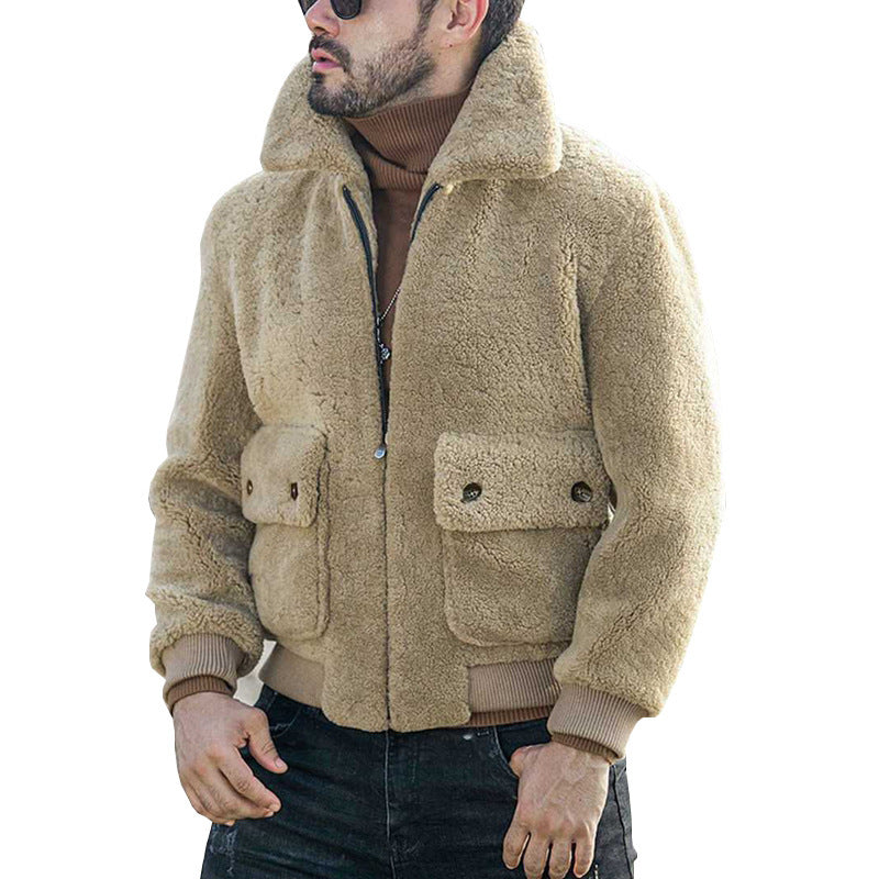 Herren Lammfell Bomberjacke mit großen Taschen und hohem Kragen R&B