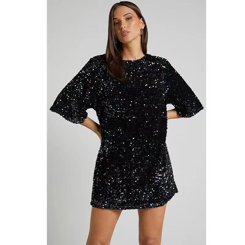 Damen Glamouröses Pailletten-Minikleid mit weit geschnittenen Ärmeln und elegantem Sneaker-Look R&B