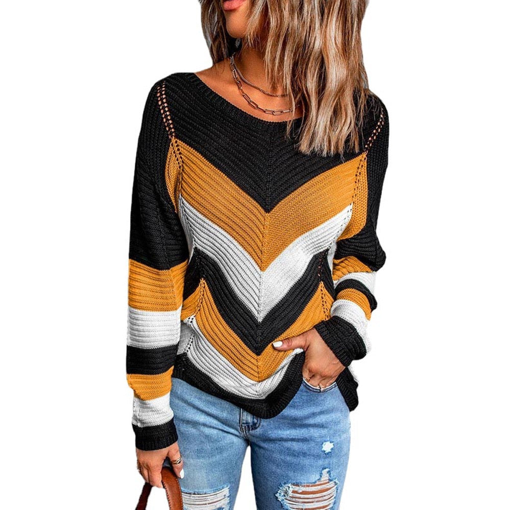 Damen Modischer Strickpullover mit Chevron-Muster und lockerer Passform R&B