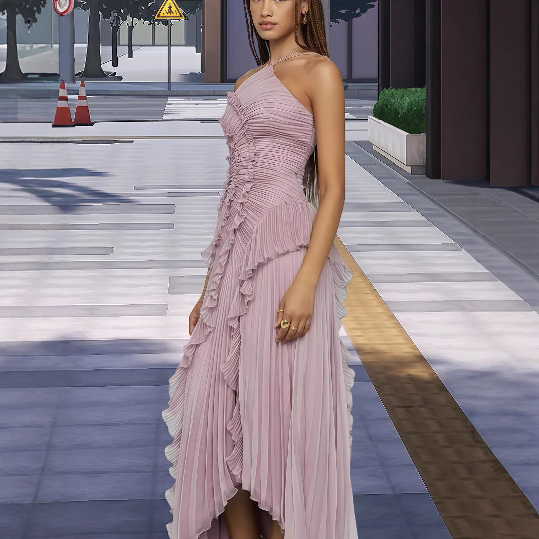 Damen Elegantes Wickelkleid mit fließendem Faltenrock und asymmetrischen Rüschendetails EB