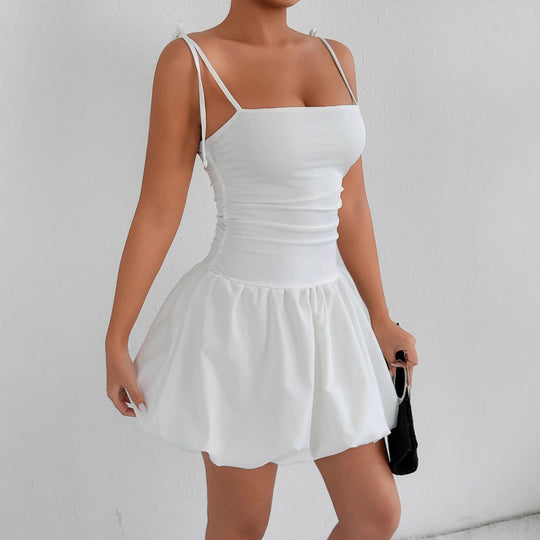 Damen verspieltes Minikleid mit Spaghetti-Trägern und gerafftem Rock R&B