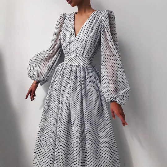 Damen Kleid mit transparentem Puffärmel und floralem Punkte-Design R&B