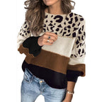 Damen Stylischer Strickpullover mit Leopardenmuster und modischem Farbblockdesign R&B