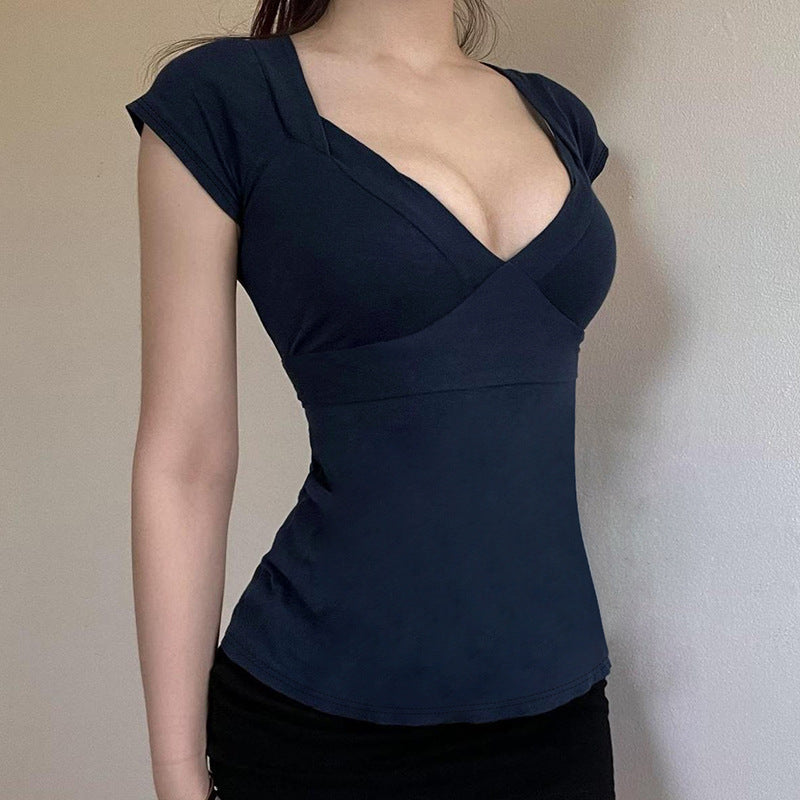 Damen Figurbetontes Kurzarmshirt mit V-Ausschnitt