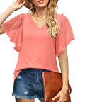 Damen V-Ausschnitt Bluse mit transparenten Rüschenschultern R&B