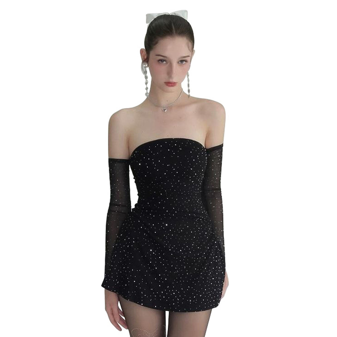 Damen Strapless Minikleid mit funkelnden Applikationen und transparenten Ärmeln R&B