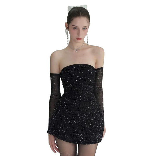 Damen Strapless Minikleid mit funkelnden Applikationen und transparenten Ärmeln R&B