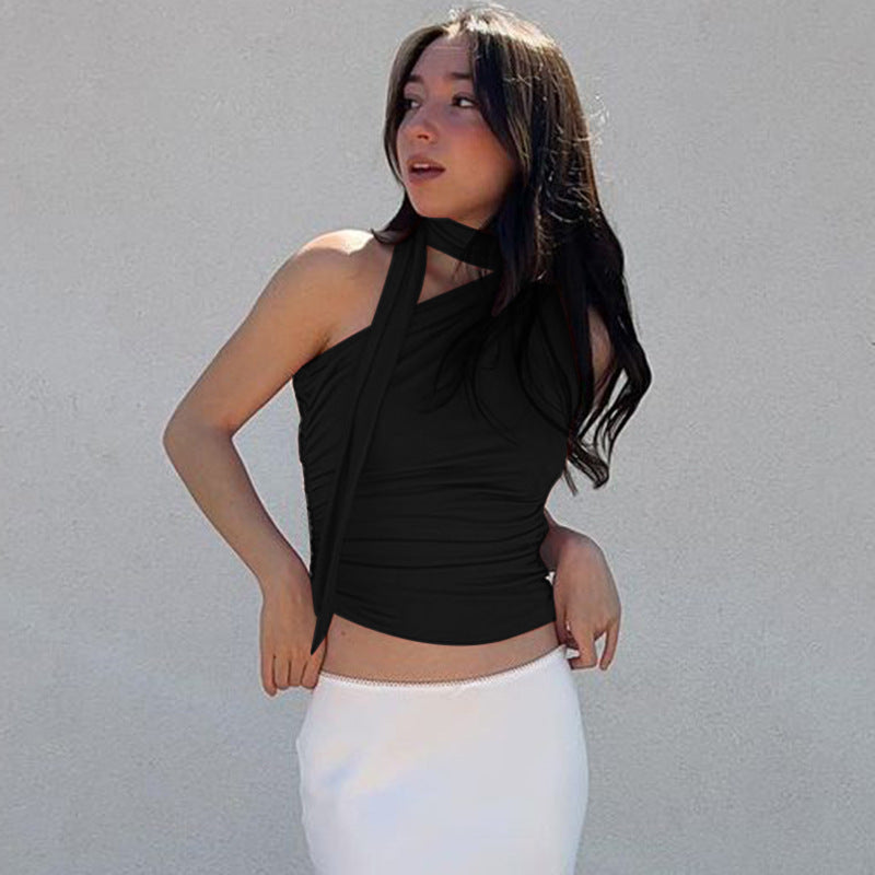 Damen asymmetrisches Top mit bindbaren Schlaufen und Raffung R&B