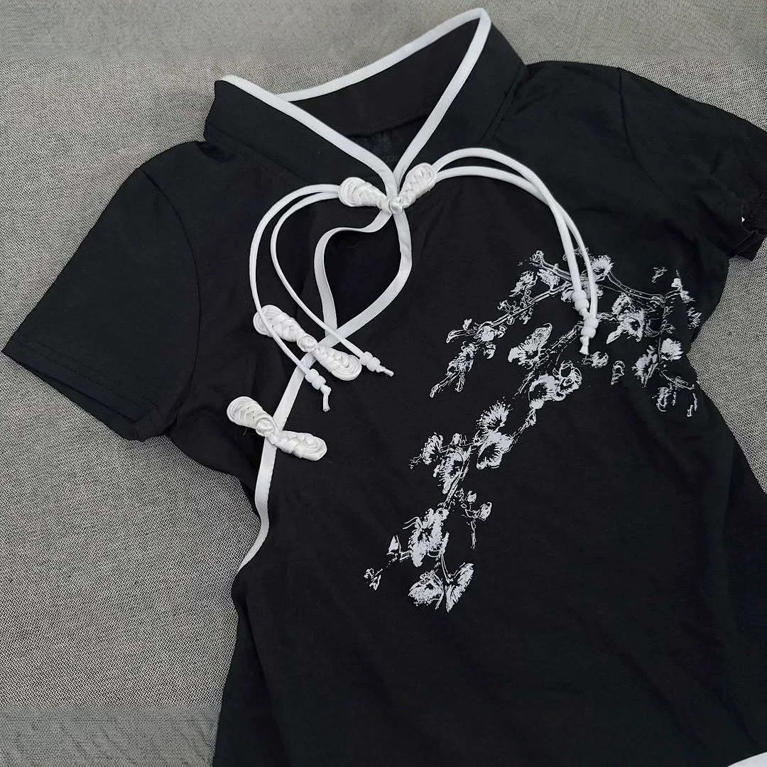 Damen Modernes Chinesisches Kurzarm-T-Shirt mit kreativem Knotendesign R&B