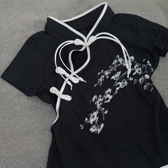 Damen Modernes Chinesisches Kurzarm-T-Shirt mit kreativem Knotendesign R&B