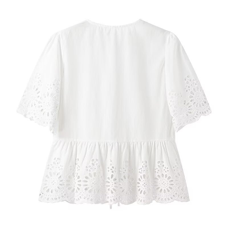 Damen Blusenshirt mit floralem Spitzenbesatz und Rüschendetails R&B