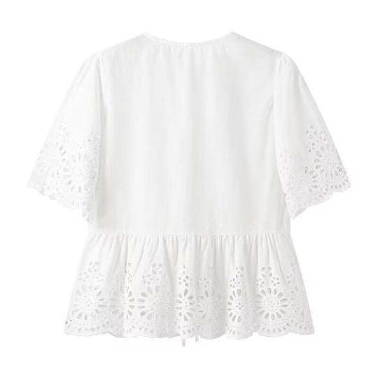 Damen Blusenshirt mit floralem Spitzenbesatz und Rüschendetails R&B