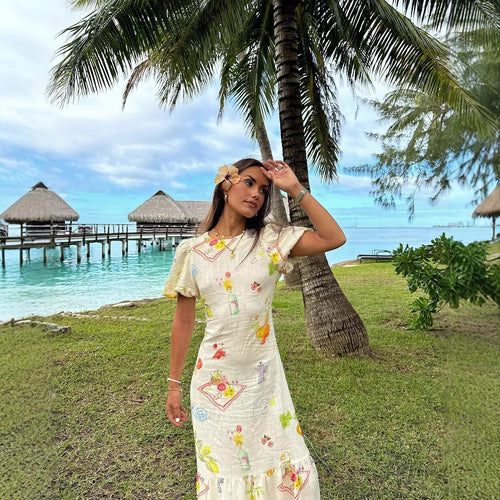 Damen Maxikleid mit buntem Musterdruck und fließendem Volant R&B