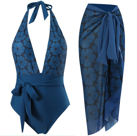 Damen eleganter Einteiler Badeanzug mit floralem Wickelrock R&B