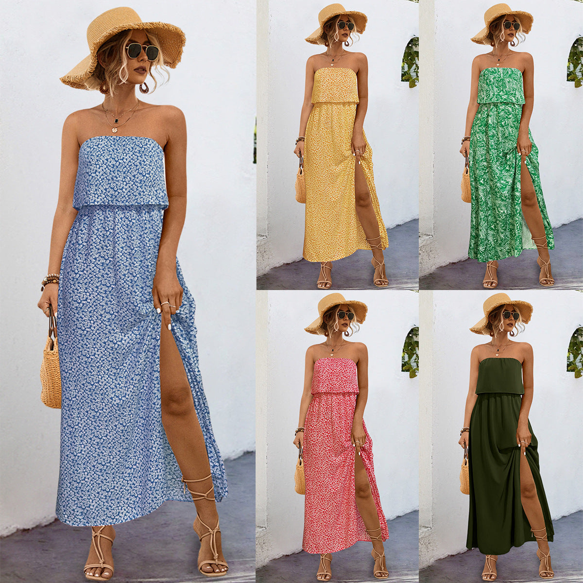 Damen Maxikleid mit trägerlosem Design und seitlichem Schlitz R&B