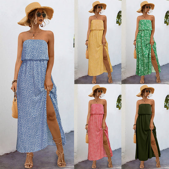 Damen Maxikleid mit trägerlosem Design und seitlichem Schlitz R&B