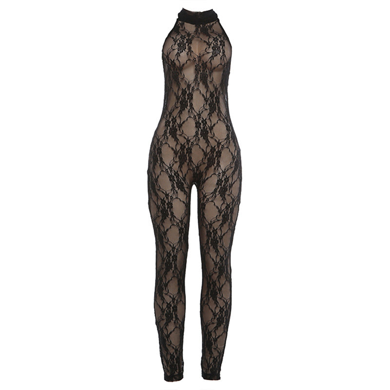 Damen Jumpsuit aus feiner Spitze mit hohem Kragen und figurbetontem Schnitt R&B