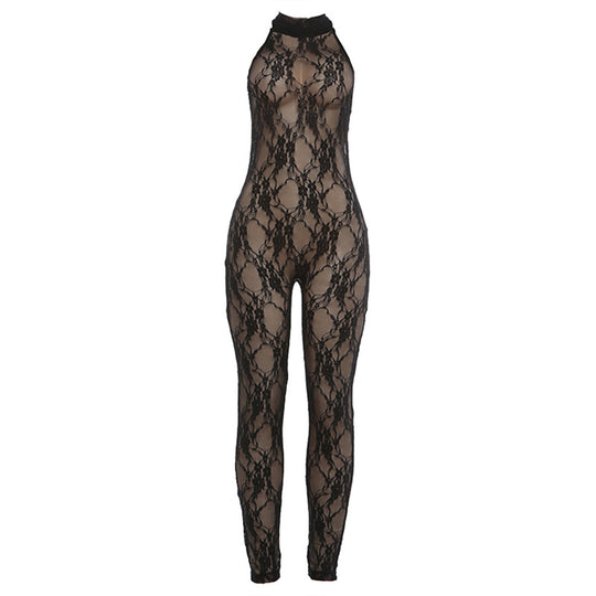 Damen Jumpsuit aus feiner Spitze mit hohem Kragen und figurbetontem Schnitt R&B