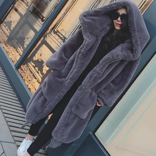 Damen Übergroßer Kunstfellmantel mit Kapuze und Taschen R&B