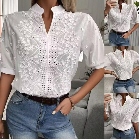 Damen Bluse mit gesticktem Detail und Knopfleiste R&B