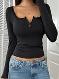 Damen Langarmshirt mit Spitzenakzenten und Knopfleiste R&B