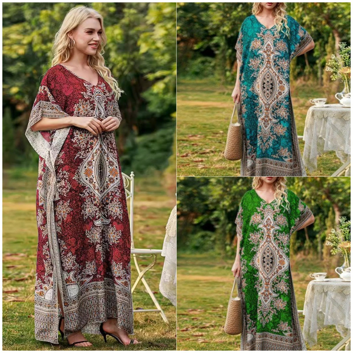 Damen Maxikleid mit elegantem floralem Muster und V-Ausschnitt R&B