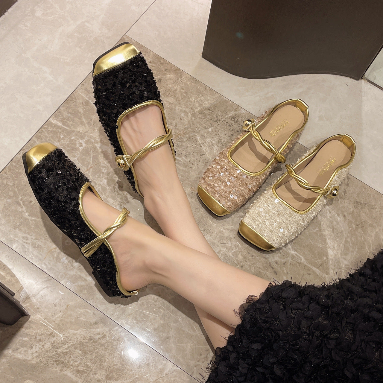 Damen elegante Slip-On Balettschläppchen mit glitzernden Applikationen R&B