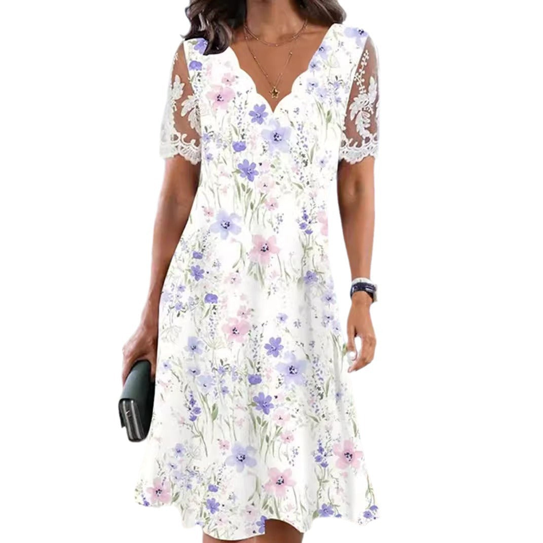 Damen Freizeitkleid mit romantischem Blumenmuster und Spitzendetails Heidi-Mode