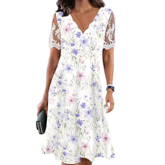 Damen nan A-Linien-Midikleid mit wellenförmigem V-Ausschnitt, ganzflächigem Blumenmuster und transparenten Spitzenärmeln R&B