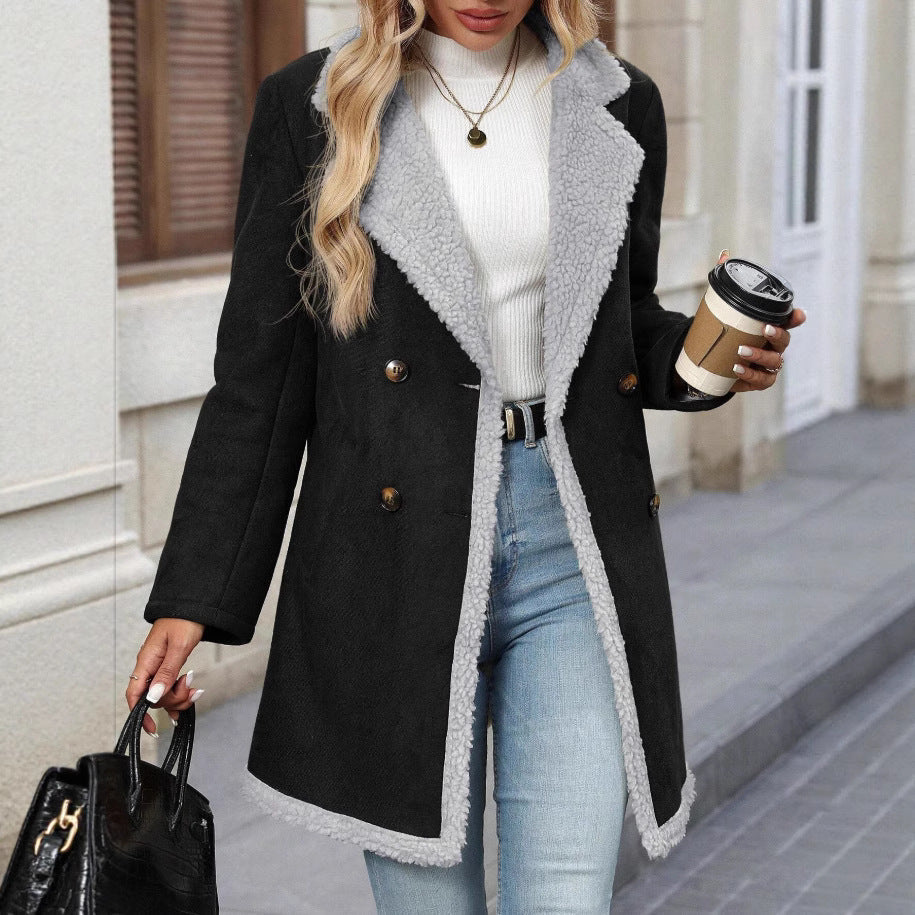 Damen Modische Oversized-Jacke mit Teddyfutter und doppelter Knopfleiste R&B