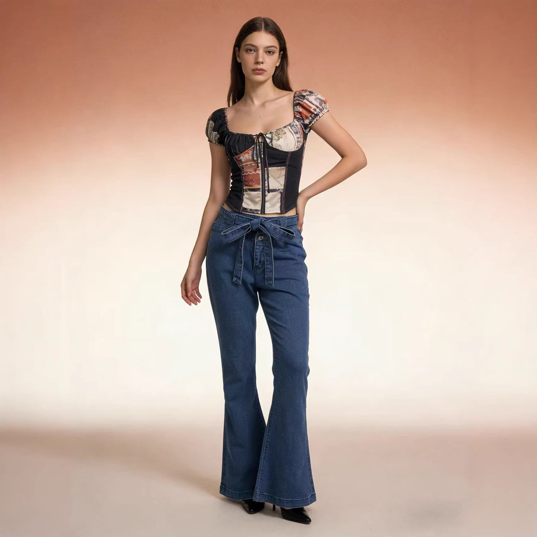 Damen Flared Jeans mit Gürtel und hohem Bund R&B