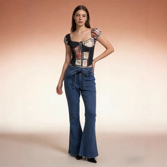 Damen Flared Jeans mit Gürtel und hohem Bund R&B