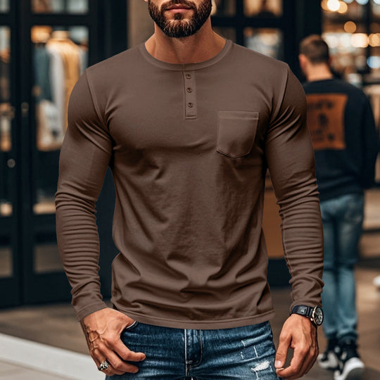 Herren Langarmshirt mit Knopfleiste und Brusttasche R&B