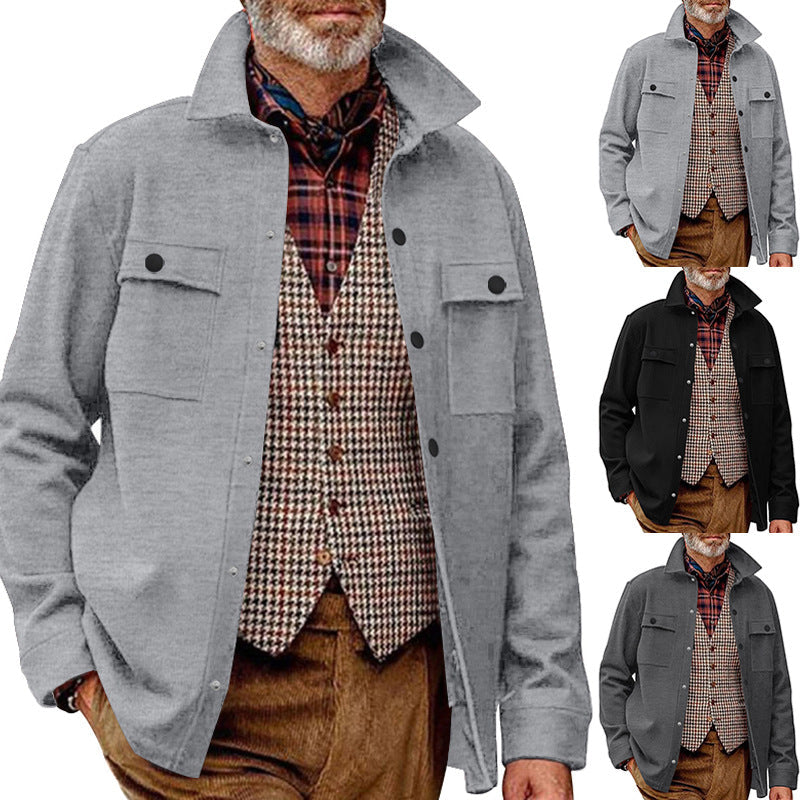 Herren Fleece-Hemdjacke mit zwei Brusttaschen und modischem Stehkragen R&B