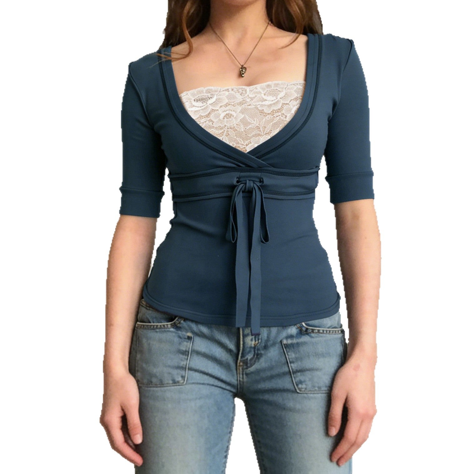Damen Wickeloberteil mit Spitzenbesatz und Taillenband R&B