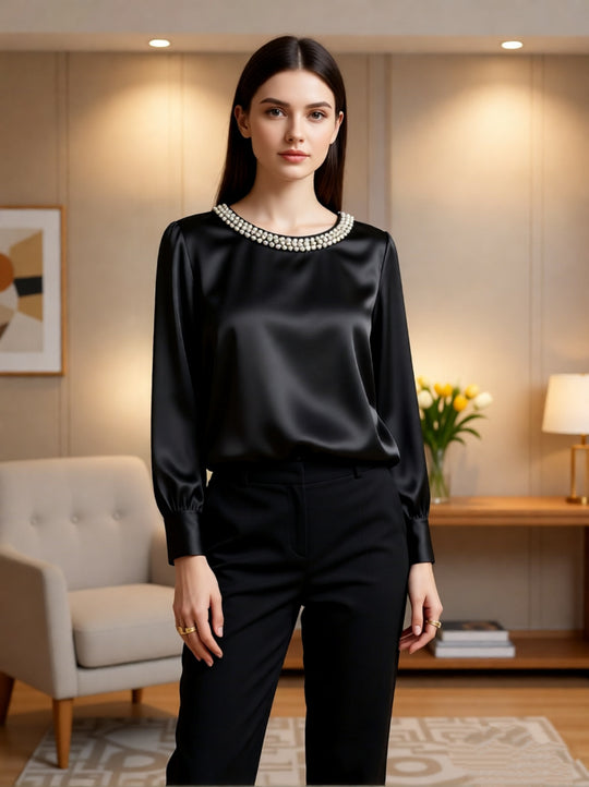 Damen elegante satinierte Bluse mit Perlenkragen R&B