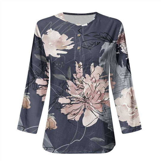 Damen Lange Ärmel Bluse mit Knopfleiste und Blumenmuster R&B