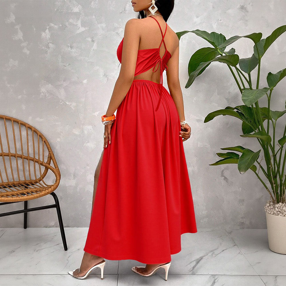 Damen Maxikleid mit tiefem V-Ausschnitt und seitlichem Schlitz R&B