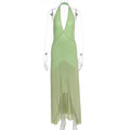 Damen elegantes Maxikleid mit tiefem V-Ausschnitt und transparentem Überwurf R&B