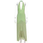 Damen elegantes Maxikleid mit tiefem V-Ausschnitt und transparentem Überwurf R&B