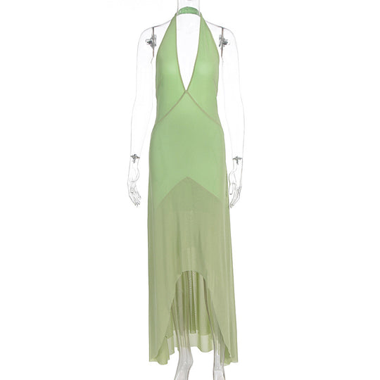 Damen elegantes Maxikleid mit tiefem V-Ausschnitt und transparentem Überwurf R&B