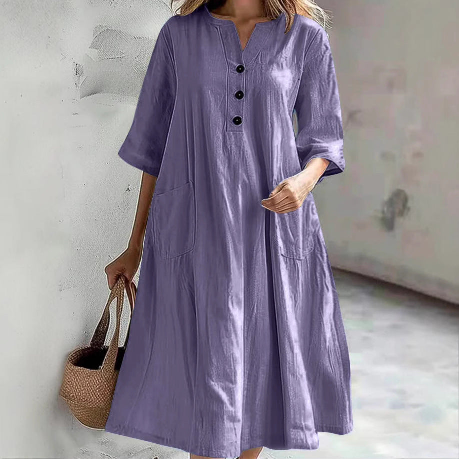Damen lässiges Baumwollkleid mit Knopfleiste und praktischen Taschen R&B