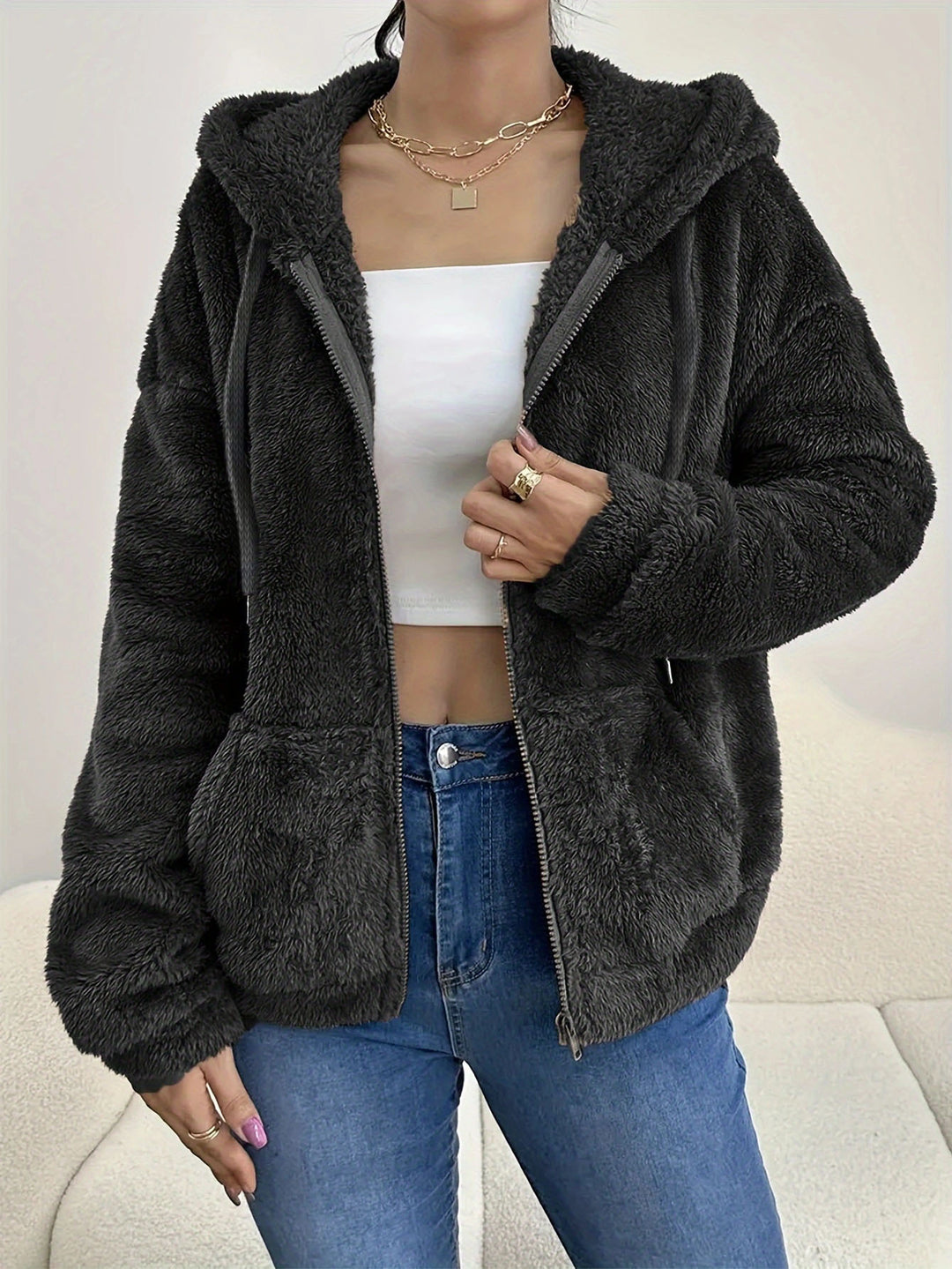Damen kuschelige Fleecejacke mit Kapuze und seitlichen Taschen R&B