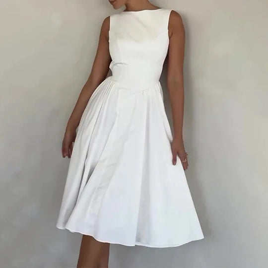 Damen Elegantes Midi-Kleid mit tailliertem Oberteil und schwingendem Rock R&B