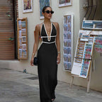Damen Strick Maxikleid mit tiefem V-Ausschnitt und BindR&Bändern R&B