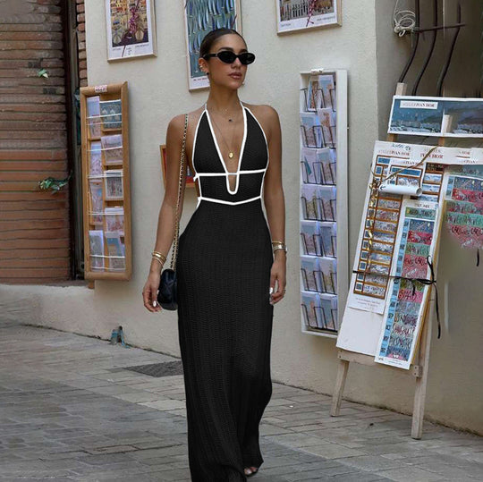 Damen Strick Maxikleid mit tiefem V-Ausschnitt und Bindebändern R&B