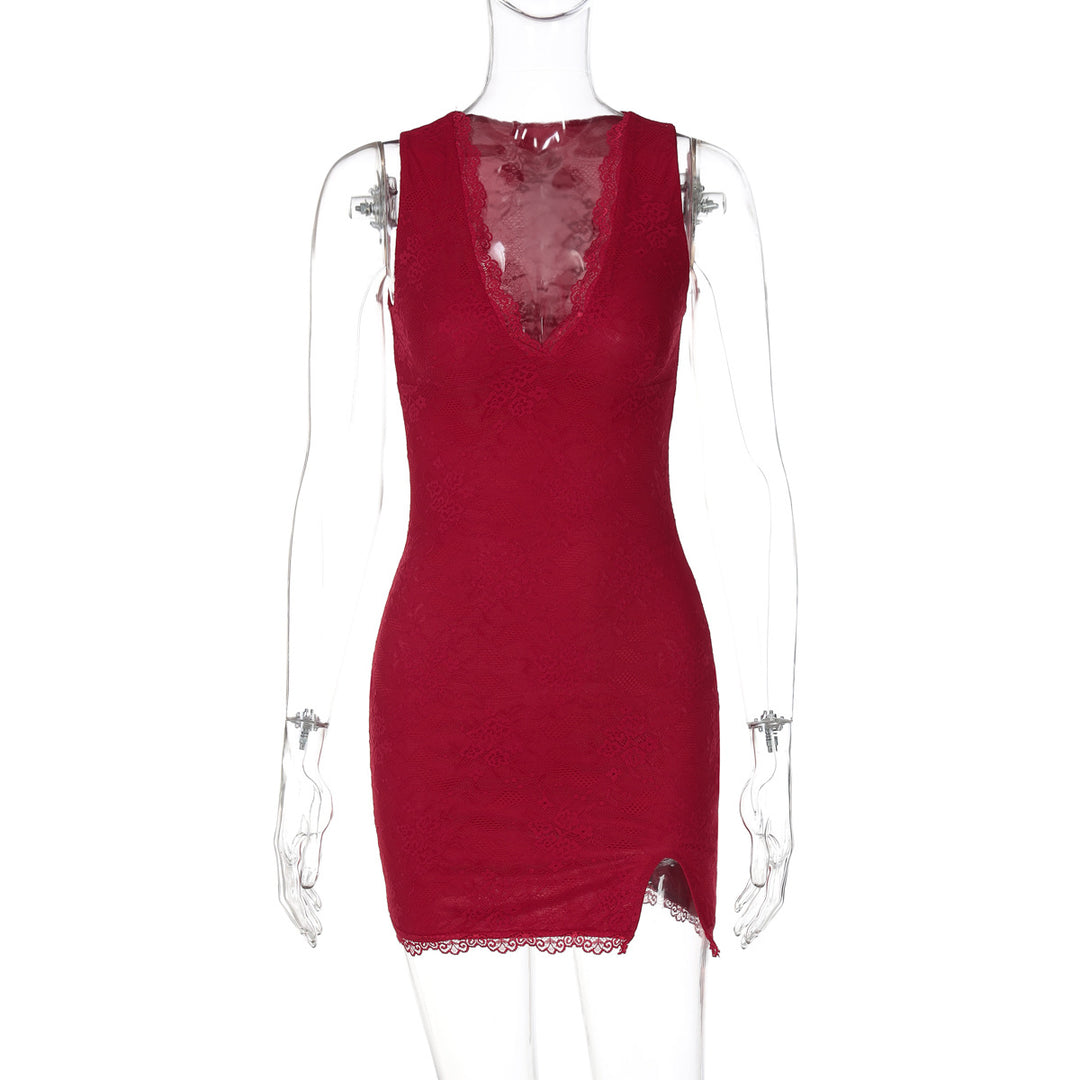 Damen Spitzenkleid mit tiefem V-Ausschnitt und seitlichem Schlitz R&B