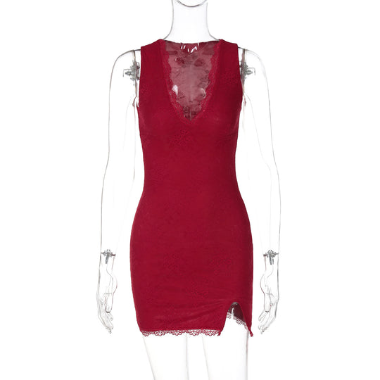 Damen Spitzenkleid mit tiefem V-Ausschnitt und seitlichem Schlitz R&B