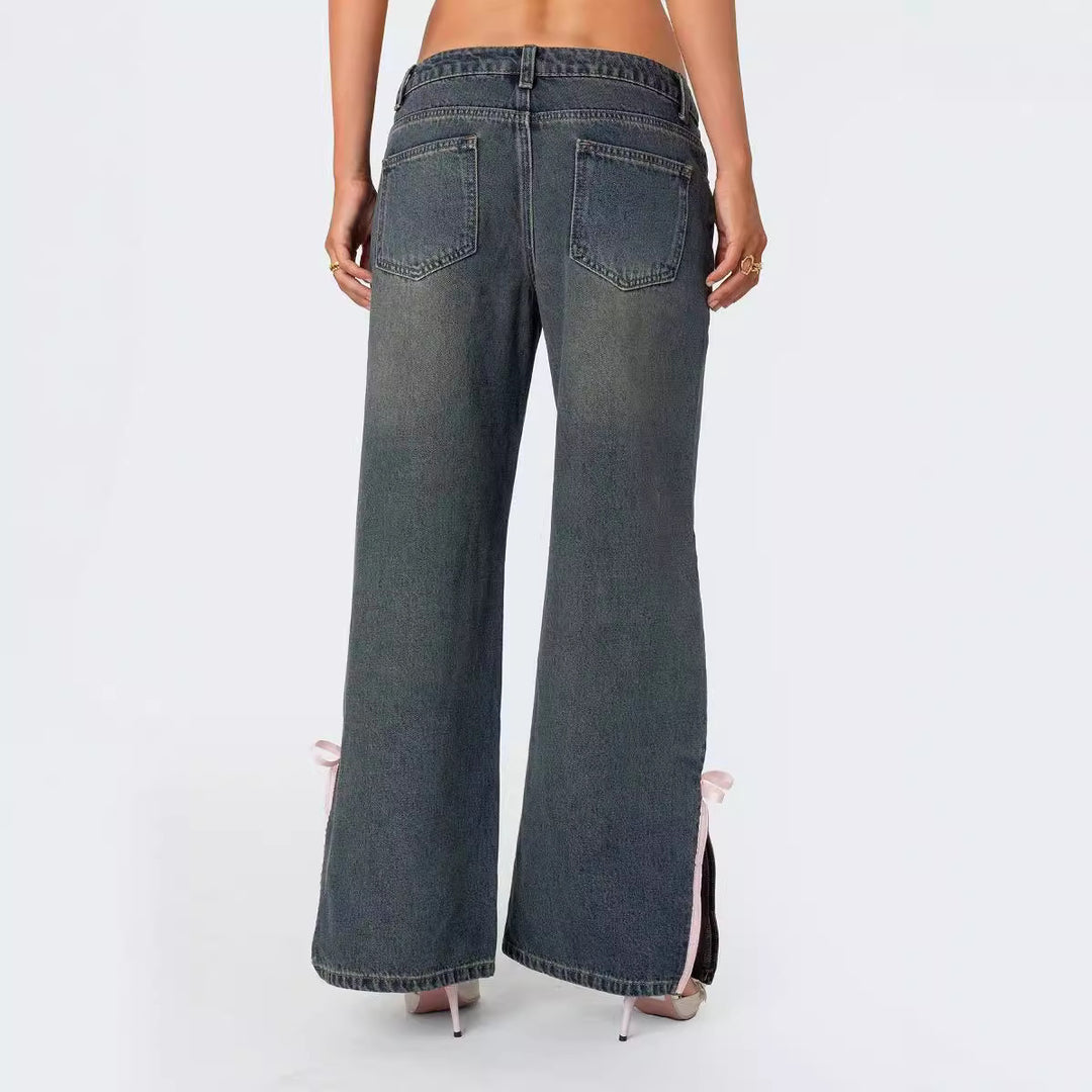 Damen Hohe Taillen Denim-Hose mit modischen Schleifendetails R&B